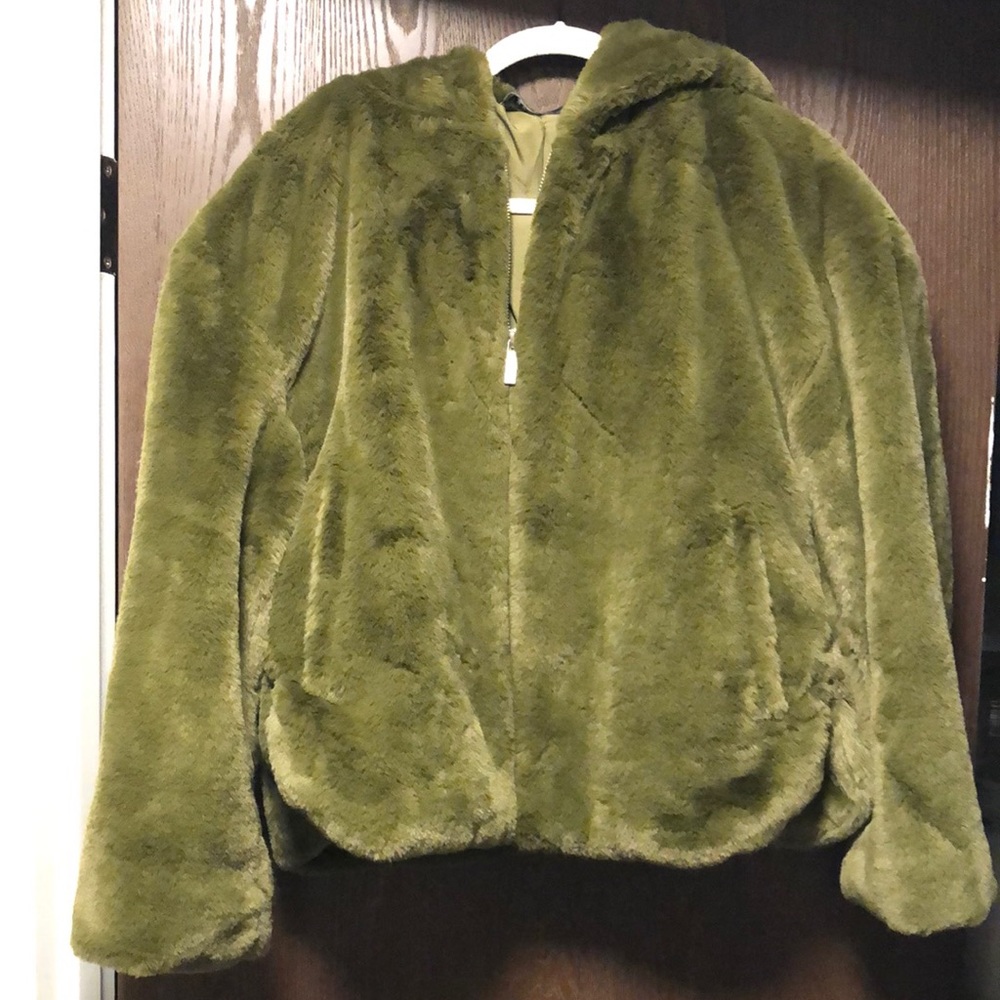Zara faux fur jacket with hood, size medium.